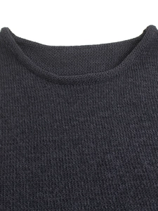 Close-up of dark grey knitted sweater neckline with detailed fine stitch texture