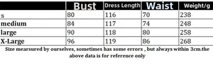 Detailed size chart for knitted hollow out beach dress including bust and waist measurements
