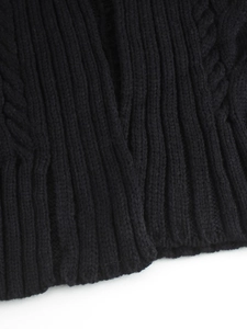 Close-up of black cable-knit texture and ribbed hem on a long oversized cardigan