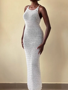 Women Casual Crochet Hollow Out Maxi Dress Sleeveless Backless White Mesh Beach Cover Up Knit Suspender Long Dress