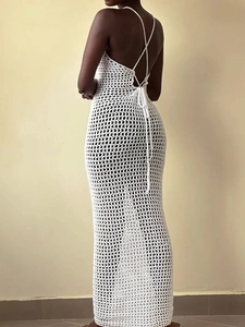 White crochet knit maxi dress with open back and halter neck ties for summer beach wear