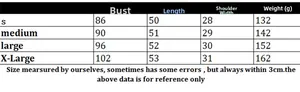 Detailed size chart for knitted hollow vest showing S to XL measurements and weight