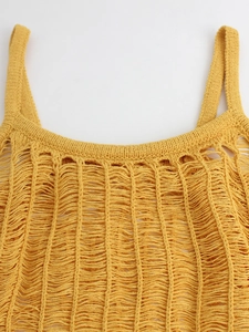 Yellow hollow out knit camisole dress with textured horizontal weave for summer beach vacation