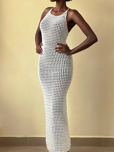 Elegant white crochet knitted halter dress with diamond hollow patterns for beach vacation