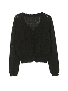Close-up of black V-neck cardigan featuring detailed pointelle knit and dark round buttons