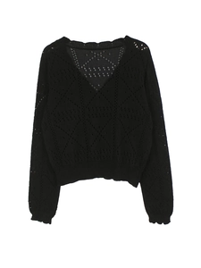 Detail of black V-neck knit cardigan featuring intricate hollow geometric crochet patterns