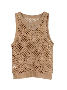 Knitted hollow crochet vest in camel color with geometric diamond pattern for summer