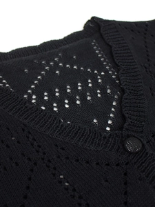 Macro detail of black V-neck cardigan featuring intricate pointelle knit patterns