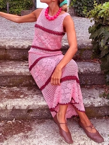 Pink bohemian sleeveless crochet knit maxi dress with burgundy hollow stripes for women