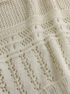Close-up of knit fabric with geometric hollow patterns and fringe tassel detailing