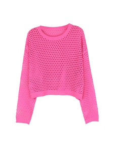 Maglione in maglia traforata rosso rosa a maniche lunghe top da spiaggia all'uncinetto donna