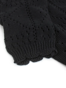 Detail of black V-neck cardigan with diamond hollow knit pattern and wavy ribbed cuffs