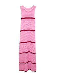 Pink and red contrast sleeveless crochet knit maxi dress with bohemian hollow out pattern