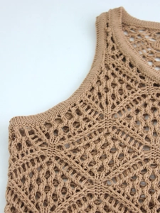 Brown crochet knit hollow out tank top with bohemian style diamond pattern for summer