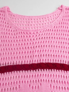Pink crochet knit hollow-out top with burgundy contrast stripe for summer beach wear