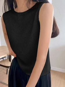 Close-up of black knit sleeveless sweater with round neck and slim fit texture