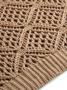 Knitted hollow out sleeveless vest in brown featuring elegant crochet leaf patterns