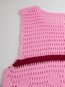Pink and burgundy hollow knit vest dress with a focus on breathable mesh texture