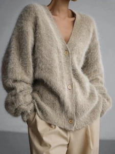 Oatmeal V-neck mohair knit cardigan with long sleeves and wooden buttons for women