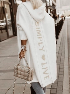 White long hooded knit cardigan with SIMPLY LIVE back lettering in street style