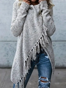 Cardigan in maglia a maniche lunghe da donna con orlo asimmetrico e frange lunghe