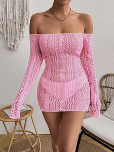 Women Sexy Pink Crochet Hollow Out Off Shoulder Mini Dress Backless Long Sleeve Vacation Beach Party Knitted Short Dress