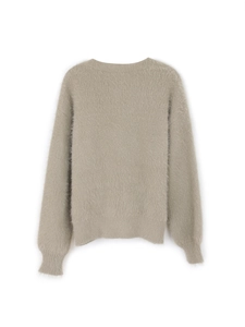 Light grey long sleeve knit sweater in mohair texture with ribbed cuffs and hem view