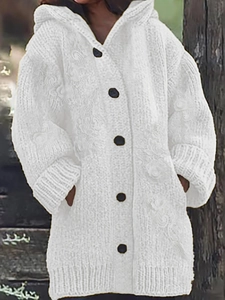 Gilet Tricoté à Capuche pour Femme Élégant Broderie Florale en Dentelle Mi-Longue Manches Longues Boutonné Manteau Extérieur Veste