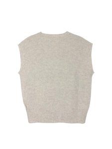 Light gray V-neck sleeveless ribbed knit vest with buttons and textured fabric finish