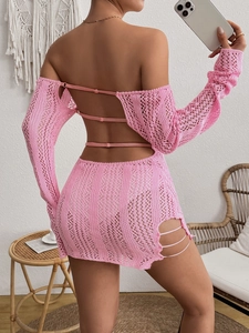 Pink knit hollow-out backless slit dress with long sleeves and side tie details