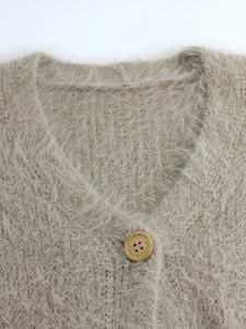 Women V-neck knit cardigan sweater in light khaki plush fabric with wood style button