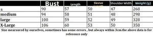 Detailed size chart for knitted long sleeve top with lace stitching backless design