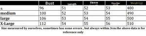 Size chart for women's knit cardigan with bust, length, sleeve, and shoulder measurements