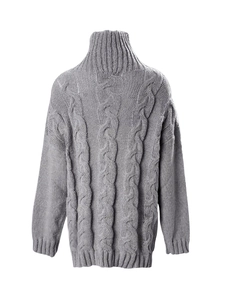 Light gray high-neck cable knit sweater for women with relaxed fit and chunky twist texture
