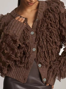 Women's Casual Fringe Knit Cardigan V-Neck Button Down Long Sleeve Shaggy Sweater Solid Color Warm Autumn Winter Coat
