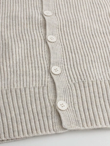 Classic beige rib-knit sleeveless cardigan vest with V-neck and matte buttons
