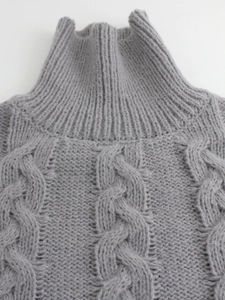 Grey cable knit high neck sweater featuring thick warm ribbed collar detail for women
