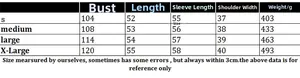 Detailed size chart for knitted crewneck cardigan showing measurements for S to XL sizes