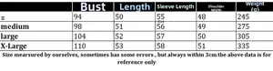 Size chart showing bust, length, and sleeve measurements for V-neck off-shoulder sweater