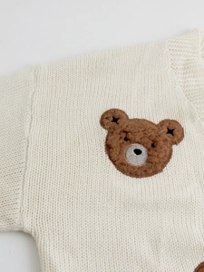White knitted cardigan with plush brown bear patch featuring vertical ribbed texture