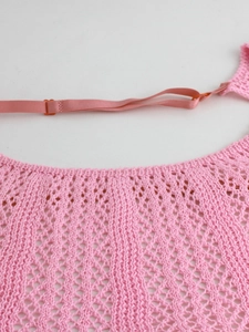 Pink knit hollow-out backless split maxi dress with adjustable straps and mesh texture