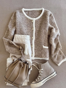 Women Contrast Color Knit Cardigan Sweater Round Neck Metal Buttons Long Sleeve Thick Warm Soft Outerwear Casual Top