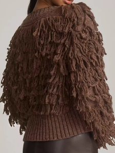 Women's dark brown chunky knit sweater featuring all-over fringe tassels and round neck