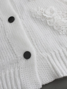 Détail du cardigan en tricot blanc avec dentelle florale et boutons noirs ronds