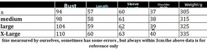 Detailed size chart for striped crewneck sweater including bust, length, and sleeve measurements