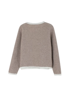 Knit crew neck cardigan sweater with contrast trim and button pockets in brown and white