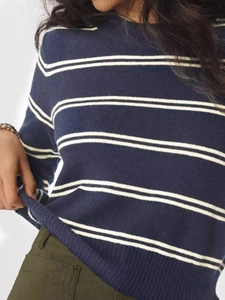 Navy blue and white striped knit sweater for women with ribbed hem and crew neck design
