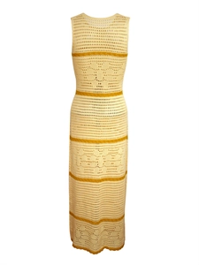 Detail of hollow knit sleeveless maxi dress with yellow stripes and crochet texture