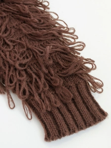 Women's dark brown chunky knit sweater with textured fringe detail and ribbed cuffs