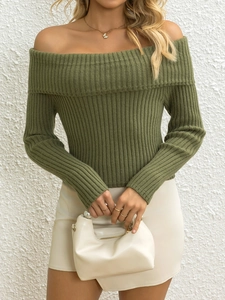 Elegant olive green off-the-shoulder knitted sweater with vertical ribbed texture for women